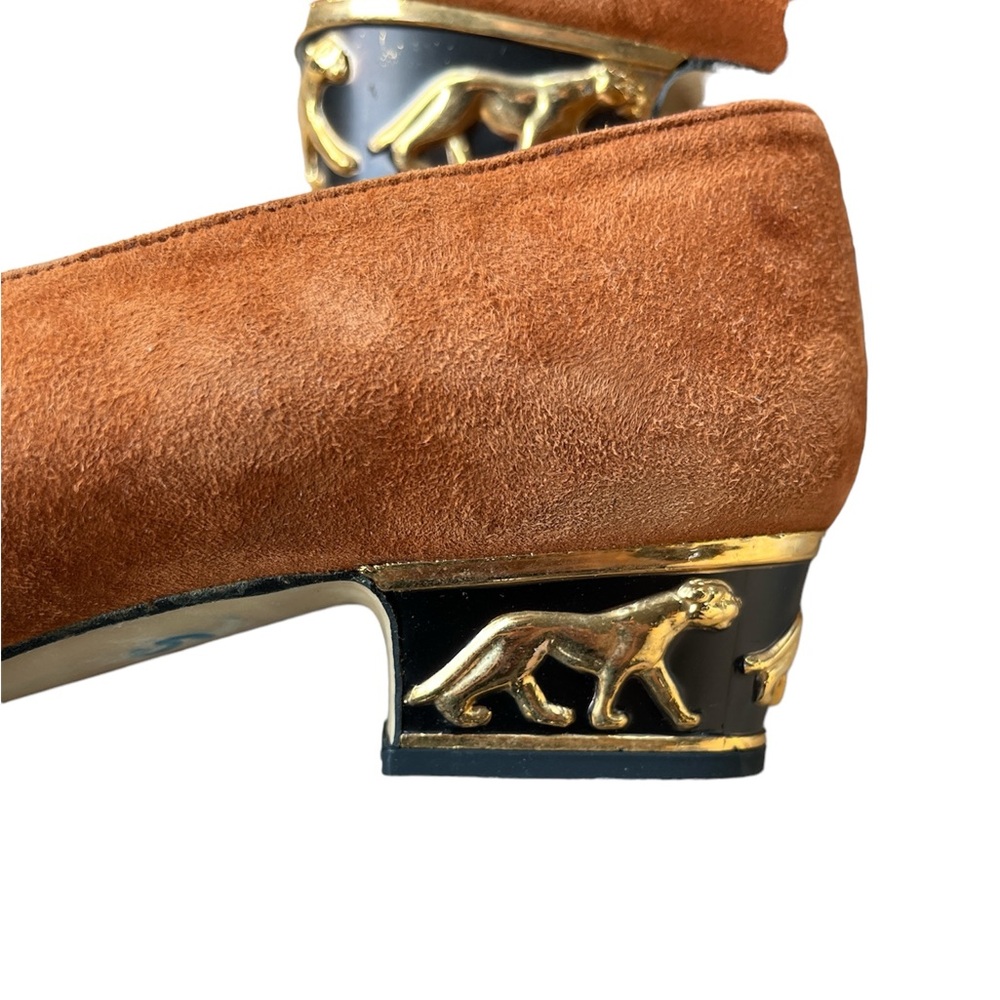 Red by Ramon Tenza Vintage Brown Suede Kitten Heels, Gold Jaguar Leopard 🐆 6.5